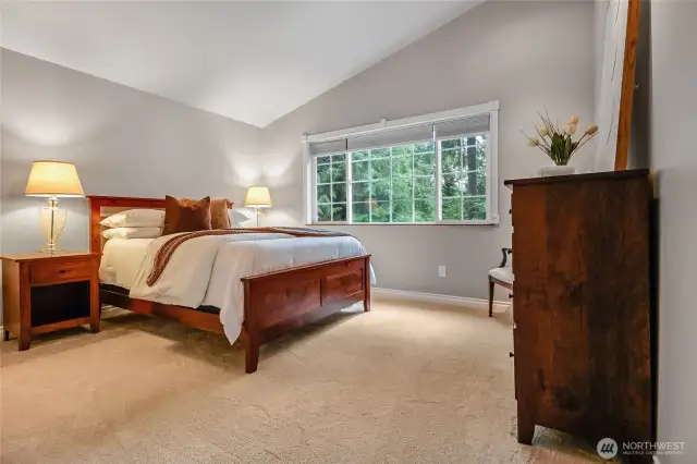 Primary bedroom has vaulted ceilings, new carpet, and plenty of natural light.