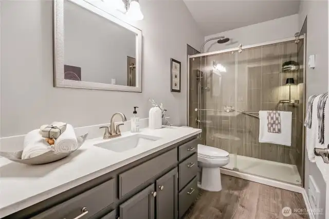Remodeled primary bath  had top-to-bottom remodel. ringk vnanity