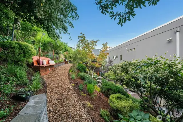 Walking path to upper built-in seating areas
