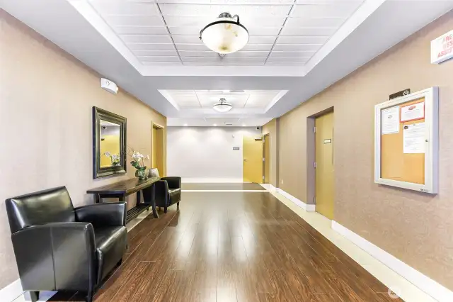 Spacious lobby has owner mailboxes and elevator. Fob needed inside elevator.