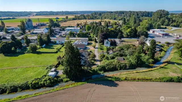 Home is obscured by mature evergreens, but the shed and lean-to are visible left of center.  The town of Conway is shown.