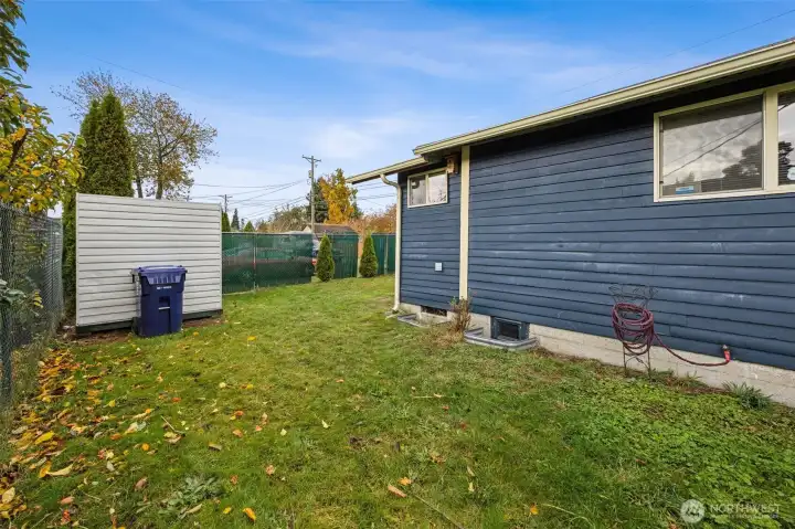 Fully fenced back yard with Storage shed included.