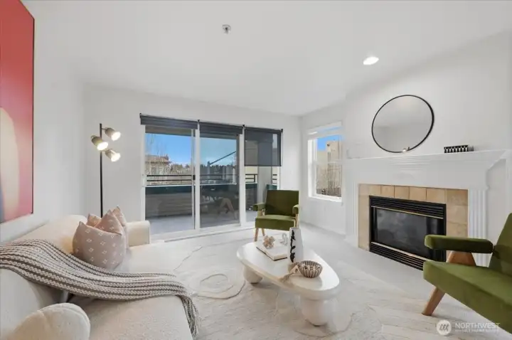 Large living room with gas fireplace