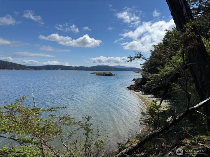 Looking southeasterly across East Sound towards Twin Rocks, Cypress/Blakely Islands and Olga area.