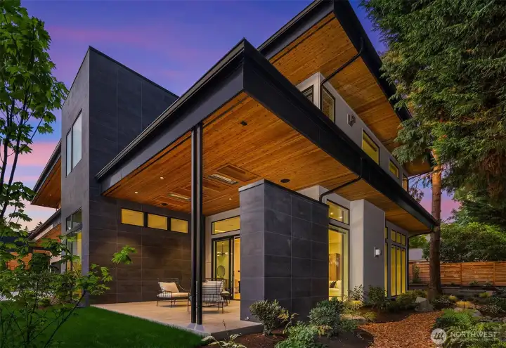 Covered patio with heaters, gas fireplace, and skylights Covered patio with heaters, gas fireplace, and skylights