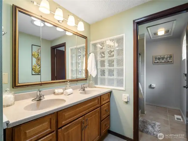 The primary bathroom has double sinks.