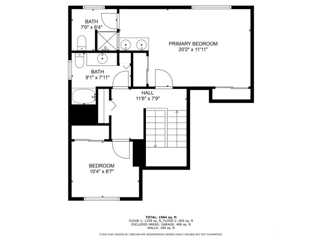 Floor plan for the top floor. The additional bedroom to the right of the stairs are not pictured here but is mirror image of the bedroom to the left except it is slightly larger.