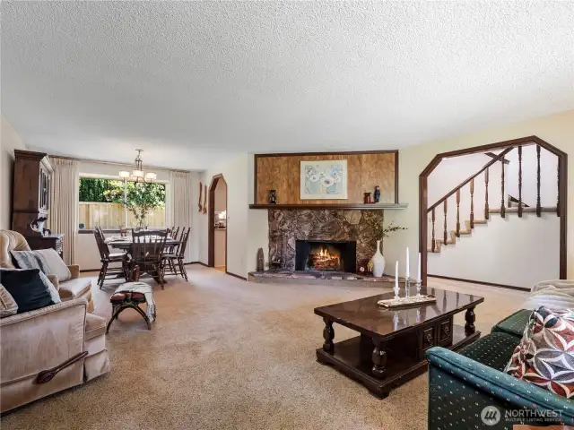 The large living room has so much space. The woodburning fireplace gives nice ambiance on those cold winters days.