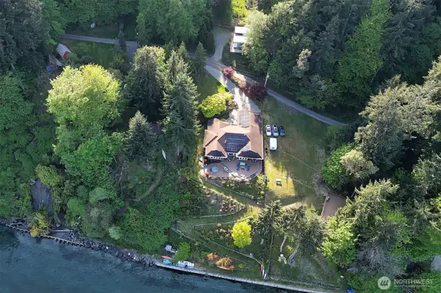 Aerial view of property from the water.