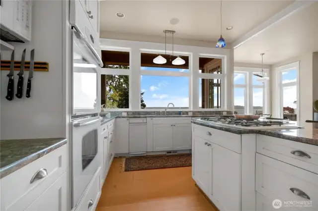 Social kitchen features a double stainless steel sink looking out toward Puget Sound. Stainless steel vegetable sink with double ovens including a convection and microwave.