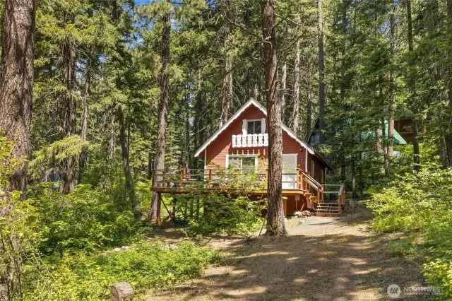 Nestled in the trees.
