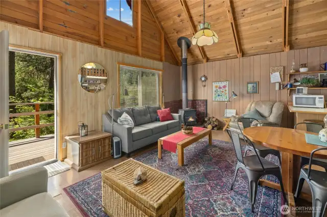 Vaulted wood ceiling.