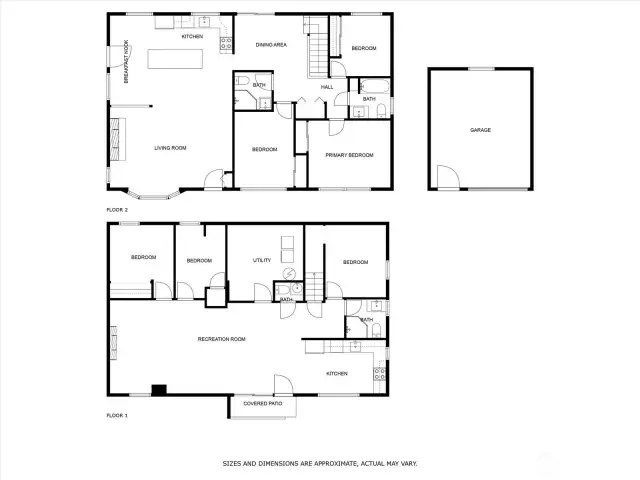 Floor plan for upstairs, downstairs and garage.