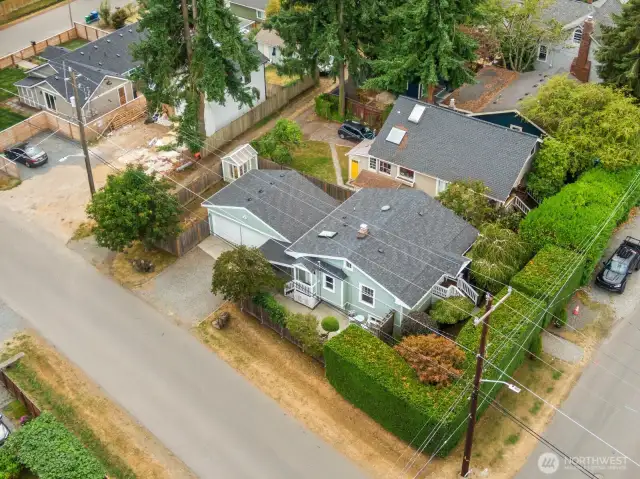 Aerial view of side and garage