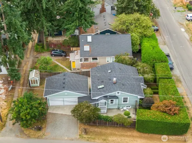 Aerial view of side and garage
