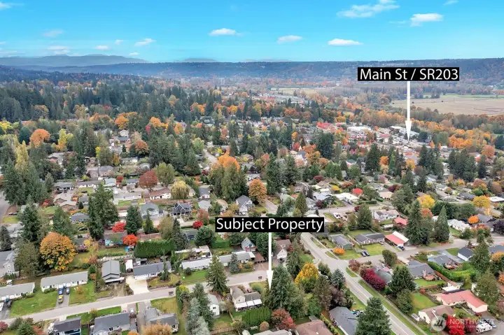 Drone photo showing the proximity of the home to downtown Duvall.