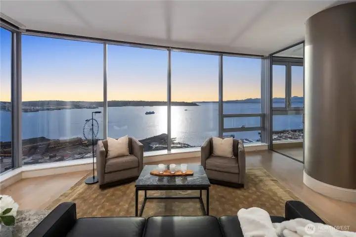 Sweeping views of Elliot Bay from throughout the home.