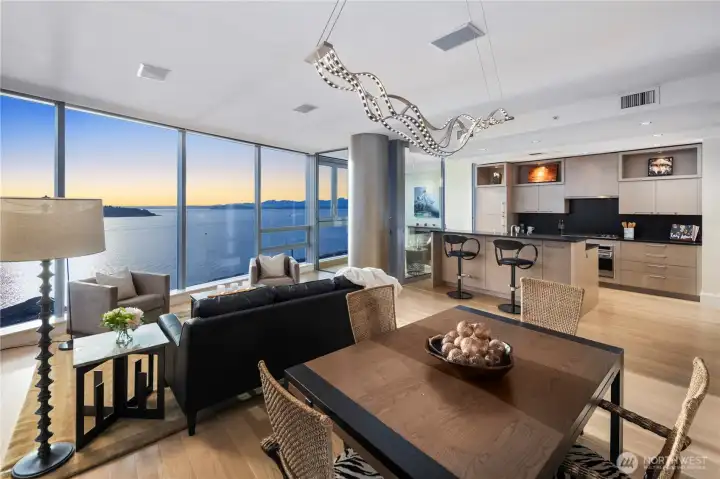 Open Kitchen, Dining and Living rooms with water views from every space.