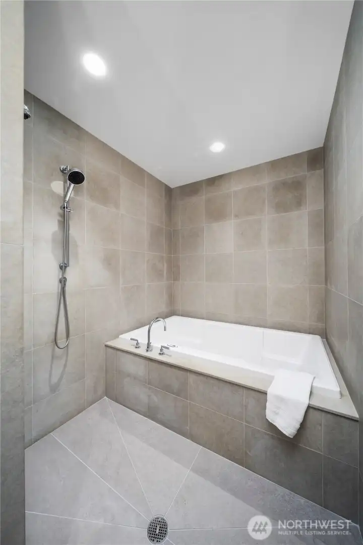 Large wet room with bathtub and spacious shower
