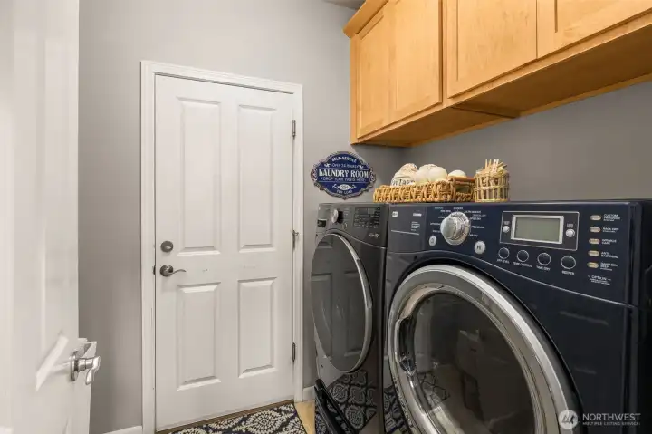 This door leads to the garage. To the left is a utility sink with reverse osmosis water treatment system. The washer and dryer are mounted on pedestal drawers and stay with the home.