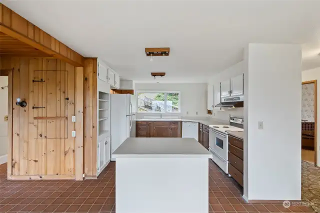 View of kitchen from dining room