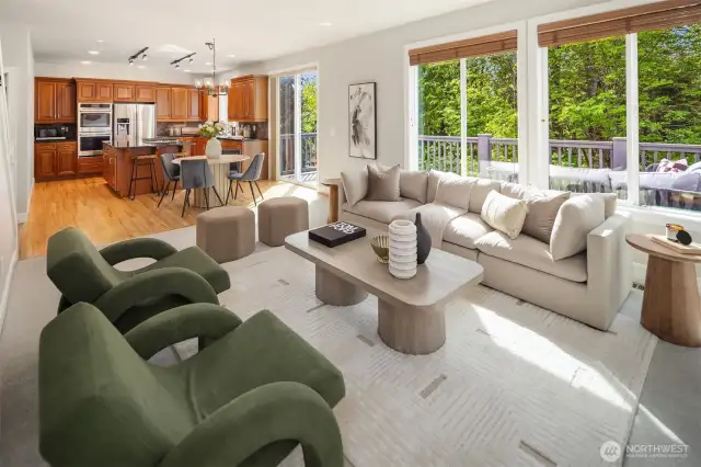 Great room with Greenbelt views.  Natural, peaceful setting with sunlight flooding in through large windows.
