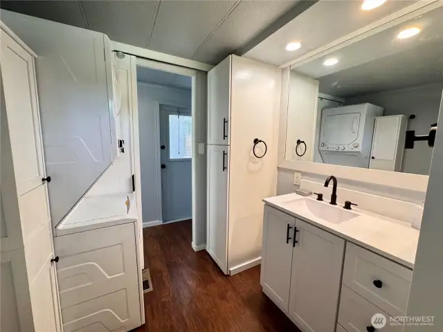 Plenty of storage in this efficient bathroom.