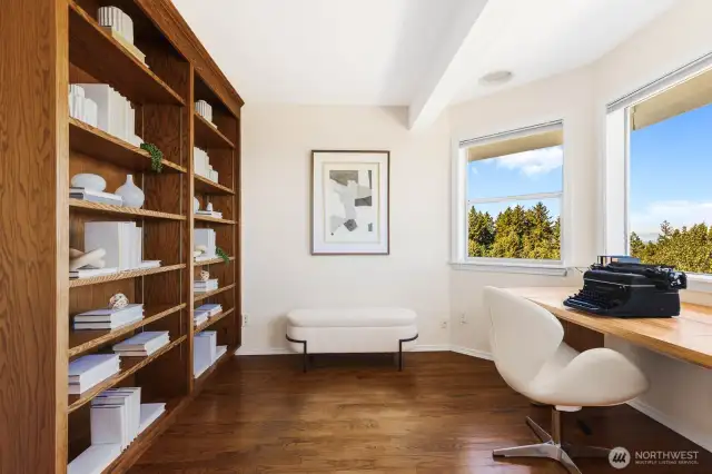 Oak built in shelves in the office.