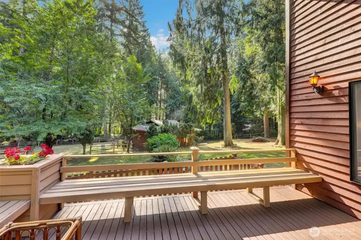 The expansive rear deck is with built-in benches & flower boxes.