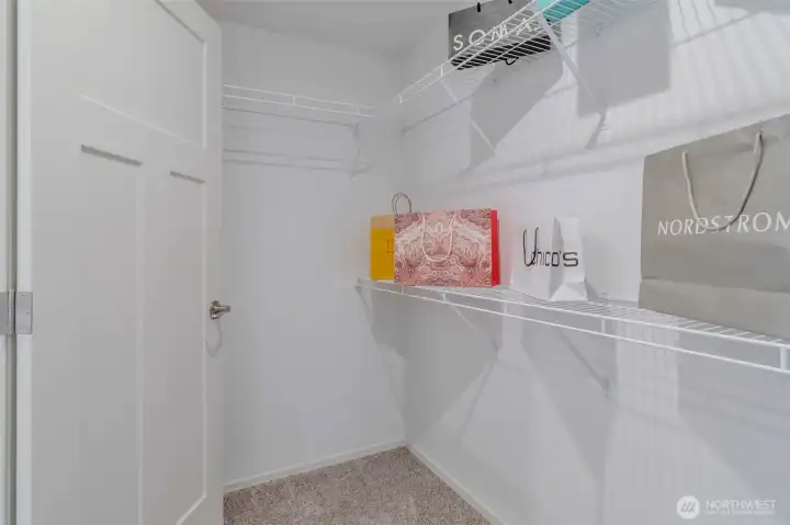 Big walk in closet, multi-level shelving.