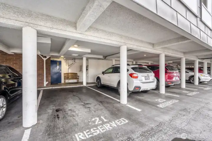 Reserved parking for unit 303 is right near the back entrance to the lobby