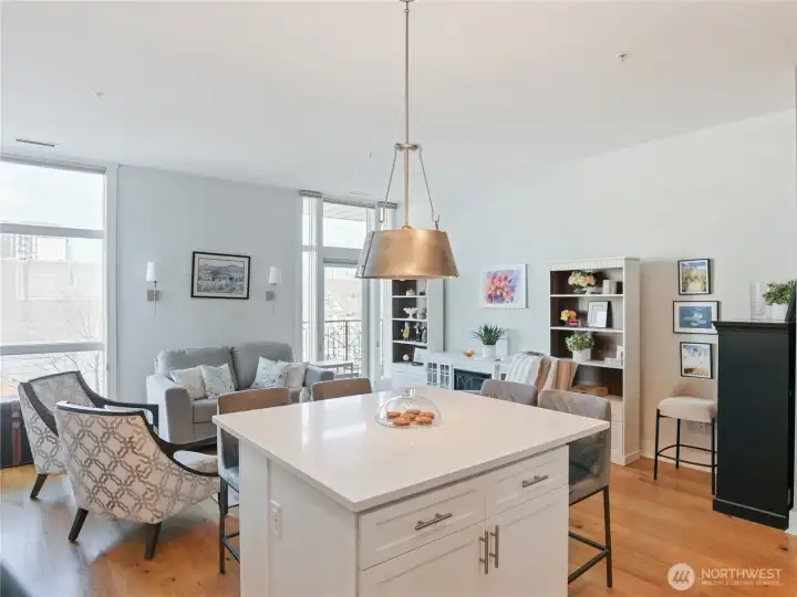 Another staged view of Island and living room.