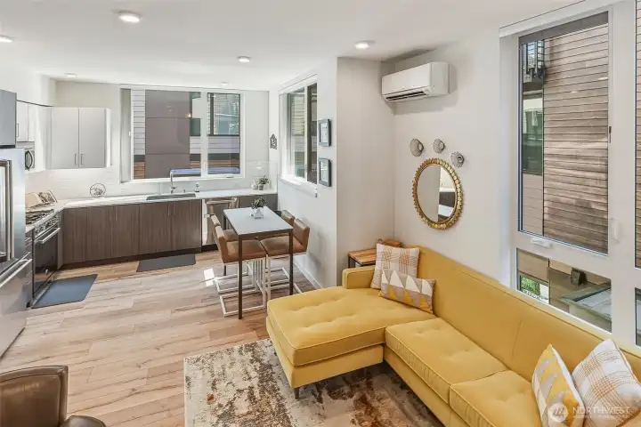 Heat pump provides heat/AC for 2nd and 3rd floors.