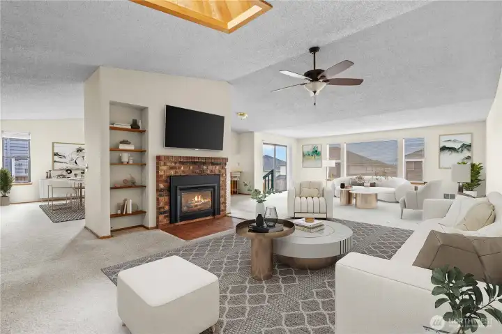 Cathedral ceilings, skylight, beautiful gas fireplace in liv rm.