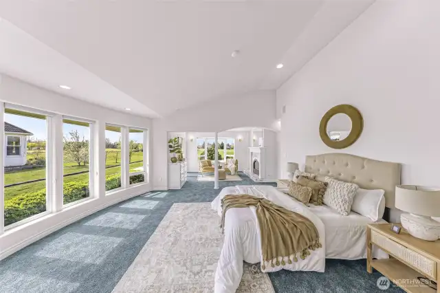 Luxurious space framed by bright windows and unique architectural features