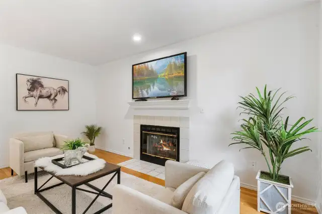 A fireplace in the family room provides added warmth and ambiance.