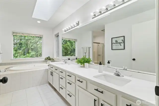 Primary 5pc bath with a dual sink vanity, soaking tub, and separate shower.