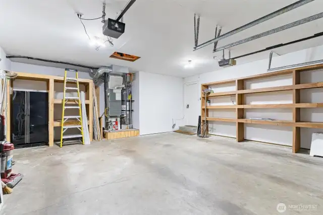 Finished garage with storage space.