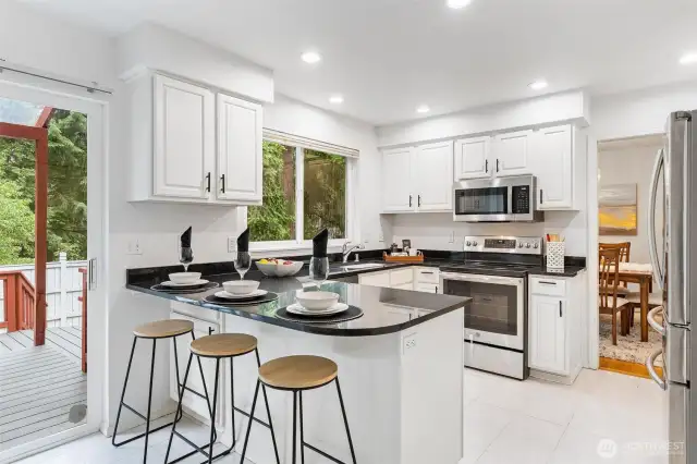 Striking kitchen with white cabinetry, stainless appliances, and peninsula with eating bar.