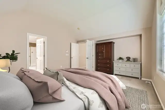 I love how the alcove in the primary bedroom create the perfect place for vanities and dressers.