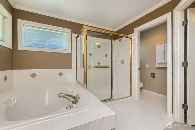 There is abundant natural light in this primary bath.  A large walk-in closet with organizers can also be found in the primary suite.