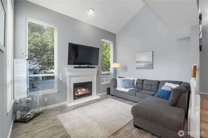 Vaulted ceilings in the living room with lots of light and enjoy the cozy fireplace in those winter months
