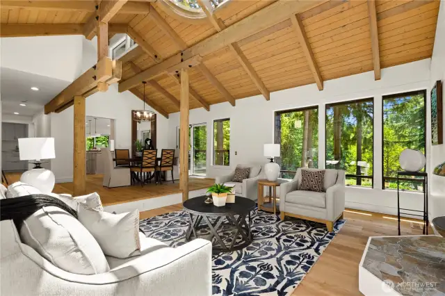 Custom Wood Ceilings & Large Floor-To-Ceiling Windows.