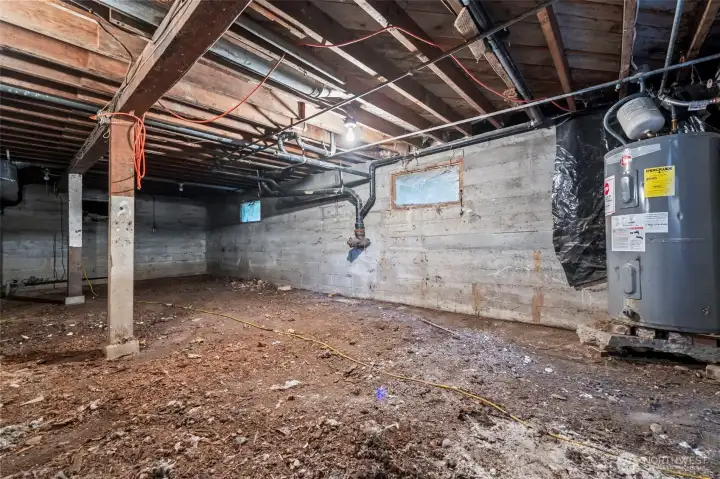 The hot water tank & furnace are in the large open space under the house. They were replaced in 2017.
