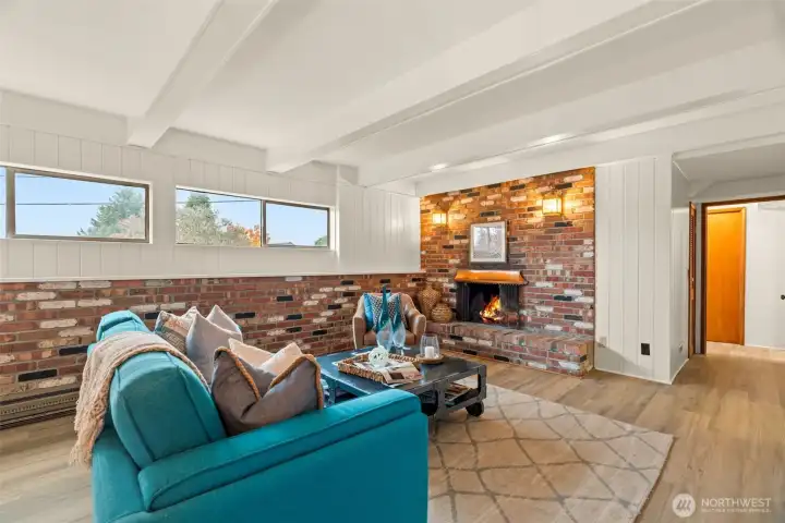 Lower level family room with fireplace.