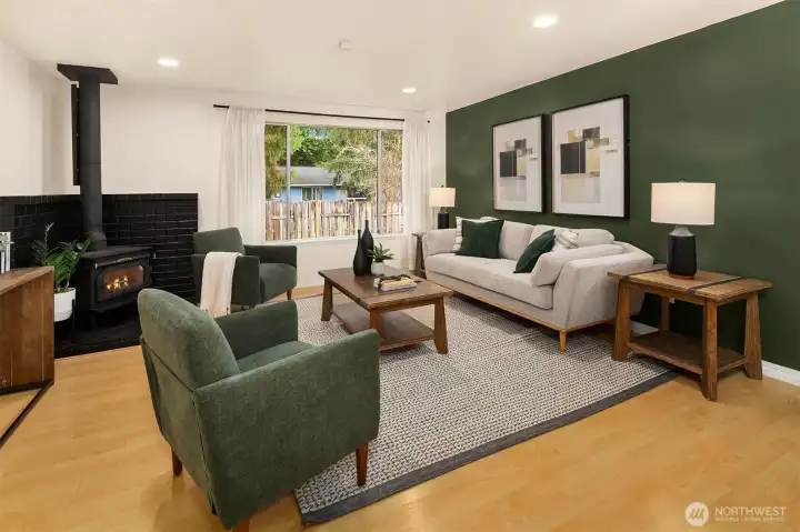 Living room with wood stove.