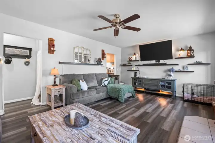 The kitchen and primary bedroom as well as bathroom are all located on the main floor.