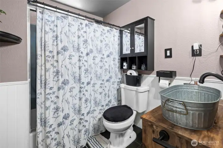 Full bath located on the main floor features some light updating with vanity and toilet.