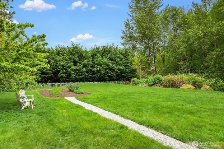 Pathway leading towards garden bed in backyard.