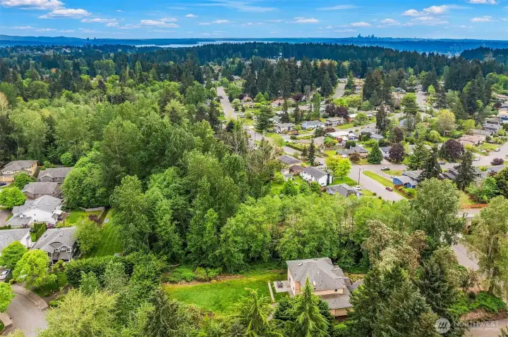 Aerial view with Seattle and Bellevue skylines.